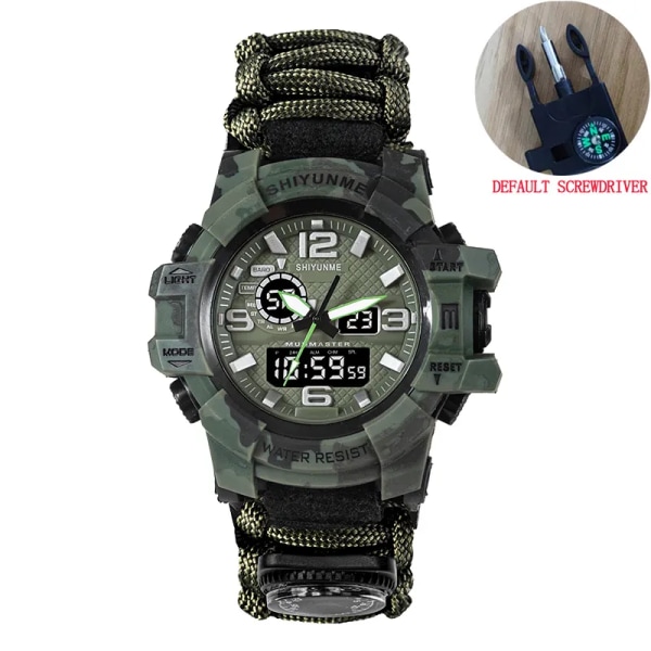 Män Militärsport LED Digitala klockor Kompass Utomhus Överlevnad Multifunktion Vattentät Herr Quartz Watch Relogio Masculino camouflage green