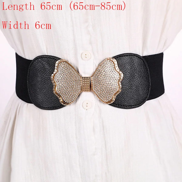 65cm Dammode Elastisk Klassisk svart midjeband Bred midja Stretchbälte för kvinnor Cinch Accessoarer Klänning Kappa Klädbälte Pearl crystal bow BK 65cm(65cm-85cm)