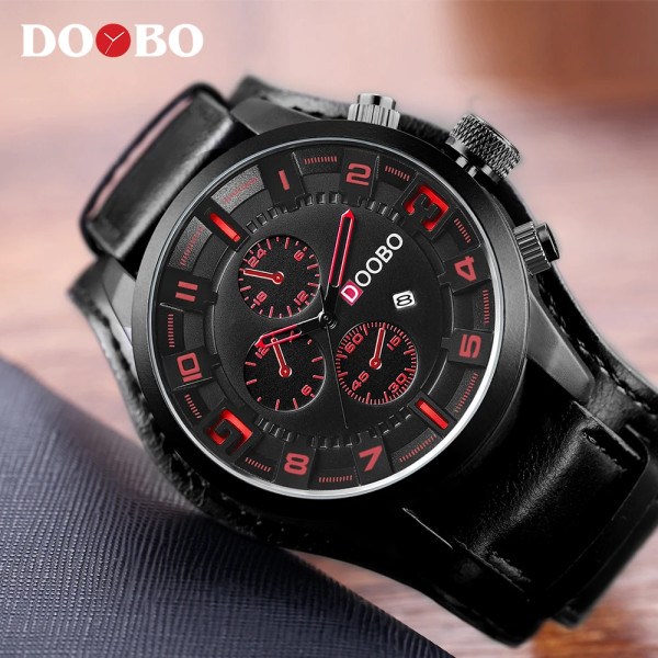 DOOBO Herr Casual Watch Herrklockor Toppmärke Lyx Quartz-klocka Läder Watch Handled Manklocka Drop black