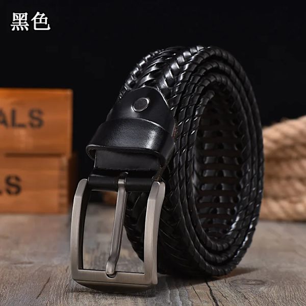 Flätat läderbälte för mäns bälten 4,0 cm bredd Lyxiga äkta läder ko-remmar Handstickat designerband läderbälte män Black 115CM