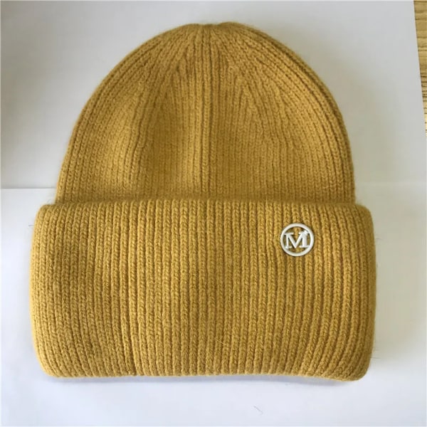 Uspop Nya Dammössor Vinter Tjocka Varma Stickade Mössor Enfärgad Bokstav M Mjukt Hår Skullies Beanies Yellow elastic 53-59 cm