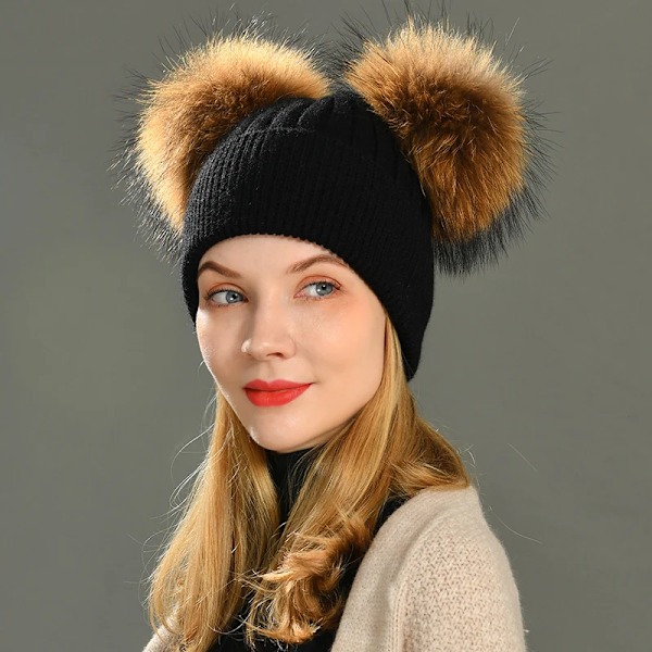 Dubbel Pompom-mössa för kvinnor, vintermössor, stickade mössor, mössor, beanies, flickor, två pompom-mössa Wine natural fur