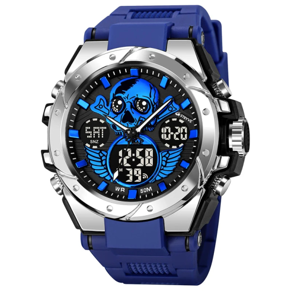 Ny STRYVE watch Creative Skull Design Digital-Analog Dual Display Watch Kalendervecka Stoppur Watch S8008 Blue