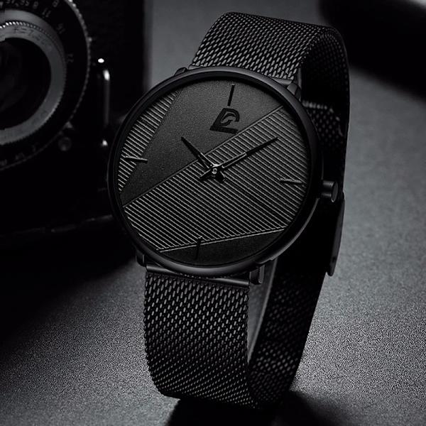 Märke Herrklockor Herr Enkelt Ultratunt mesh i rostfritt stål Bälte Quartz Clock Man Business Läder Armbandsur reloj hombre Mesh Black Red