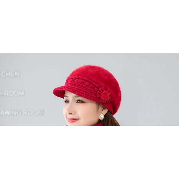 Ny vintermössa Tjock varm stickad mössa Halsduk Vantar 3-delars set för kvinnor Elegant blommig basker Utomhus Skidåkning Ridhjälm Red hat