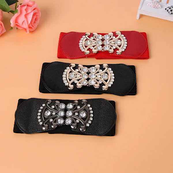 Mode smalt korsettbälte Vilt mode infällda strass, mångsidig stretch, elastisk kjol, gördel, elastiskt bälte korsettbälte Black Button 60-80cm