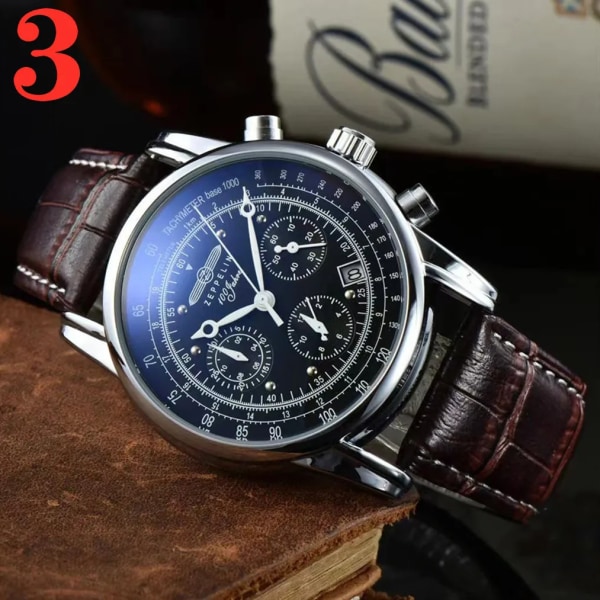 2023 New Zeppelin Watch Fashion Three Eyes Running Second Multifunktionell Chronograph Top Leather Business Quartz Watch Type 3