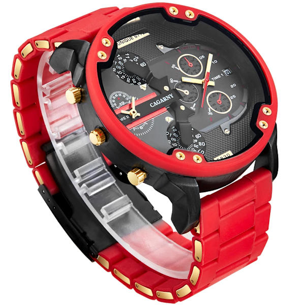 Watch Herr Lyxmärke Kända Dual Time Military Relogio Masculino 57mm 3D Stort case Quartz Herrklockor Röd Manklocka with box
