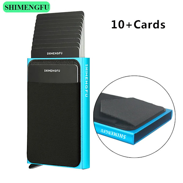 Pop Up RFID ID-korthållare Man Plånbok Minipaket Aluminium Metall Skyddsutrustning Förvaringsväska Smart Quick Release Damväska 10 Cards Blue