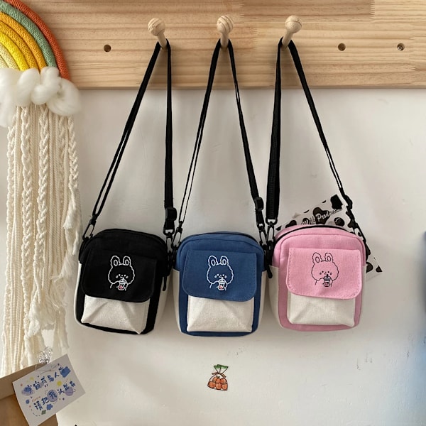 Mode Kvinnor Tecknad filmtryck Kontrastfärg Canvas Crossbody Axelremsväska Casual Damer Mini Handväskor Flap Handväska Blue