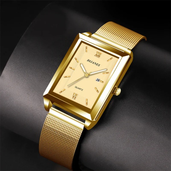 Mode Herr Affärsklockor Herr rektangel i rostfritt stål Mesh -bälte Quartz Watch Man Casual Watch Mesh Gold Gold