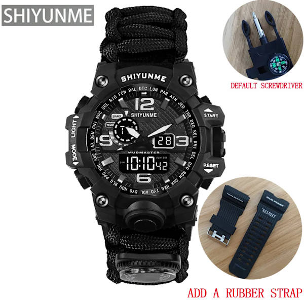 Utomhus Survival Watch Multifunktionell Vattentät Militär Taktisk Paracord Watch Armband Camping Vandring Nödutrustning Black with strap