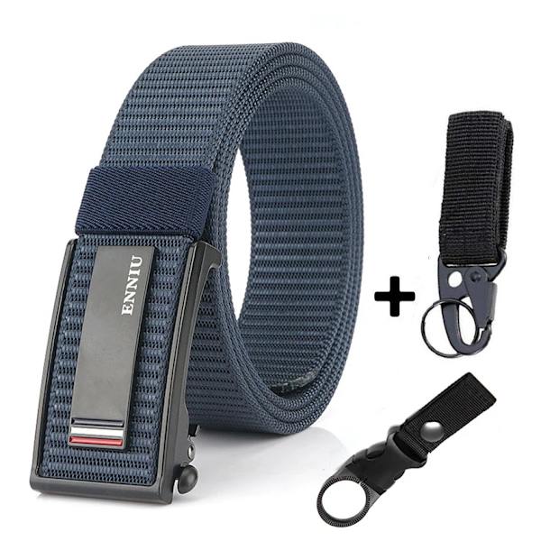Nytt mode herrbälte Toppkvalitet Bekväma nylon för män Metall Automatiskt spänne Ung Canvas Taktisk designerbälte Blue Belt A Match 120cm Adjustable