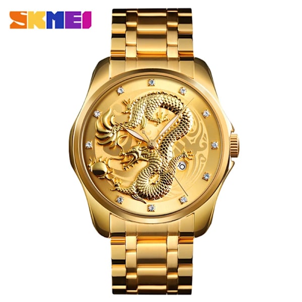 SKMEI Toppmärke Lyx Watch Golden Dragon Quartz Klockor Herr Vattentät datumvisning Armbandsur i rostfritt stål Hane gold