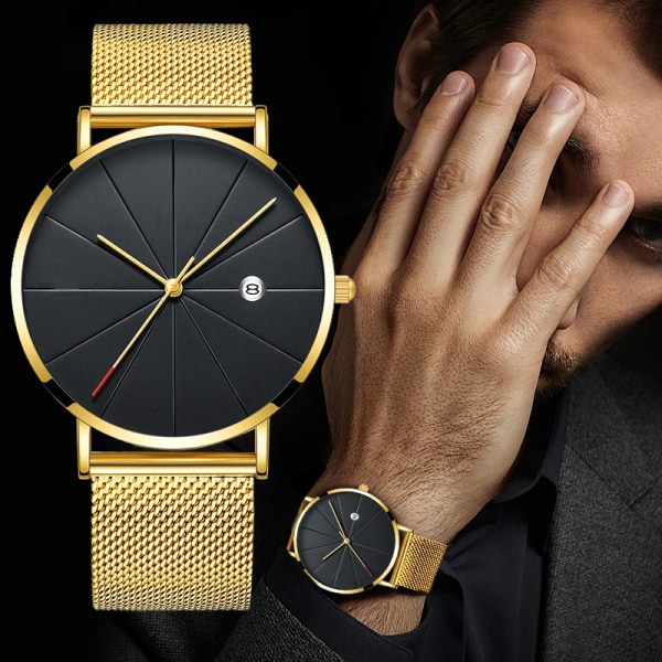 2019 Luxury Business Herrklockor Herr Guldklockor Ultratunna Herrklockor Rostfritt stål Mesh Bälte Quartz Watch horloge mannen 031297rose goldblack