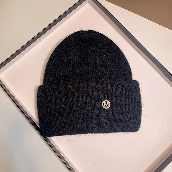 Uspop Nya Dammössor Vinter Tjocka Varma Stickade Mössor Enfärgad Bokstav M Mjukt Hår Skullies Beanies Black elastic 53-59 cm