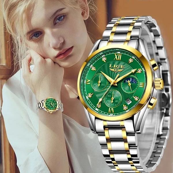 LIGE 2023 New Fashion Watch Dam Klockor Dam Creative Steel Dam Armband Klockor Dam Vattentäta klockor Relogio Feminino Gold green L