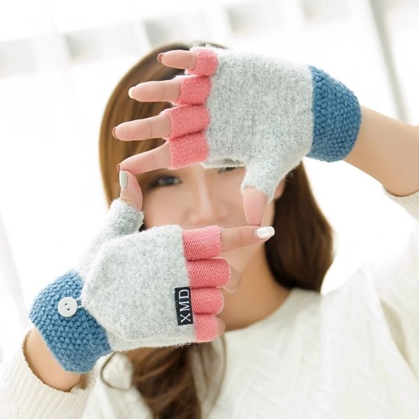 Förtjockning Ull Stickade Handskar Vintervarma Kvinnor Halvfinger Flip Vantar Handskar Utomhus Flickor Fingerlösa fingerexponerade handskar C- Gray One size