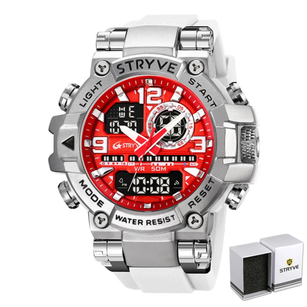 Ny STRYVE- watch för män Digital-Analog Dual Movement Lysande kalender Vattentäta klockor Mode Watch 8025 White Red Box