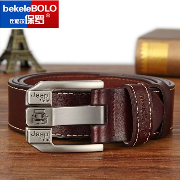 BekeleBOLO mäns bälte läder bälte män herr äkta läder rem lyxigt nål spänne casual herr bälte Cummerbunds ceinture JEEPF-Red brown 115CM