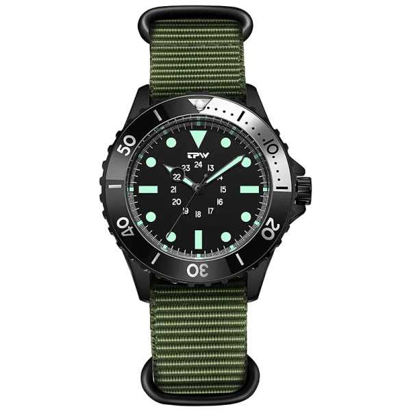 Dykare Style watch Roterande ram tygrem 40 mm svart urtavla 24 timmars display Green NATO
