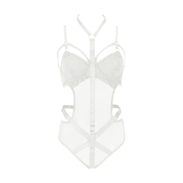 Varsbaby Sexig Body Hollow Out Strap Halter-neck mesh ett stycke underkläder för kvinnor White XL