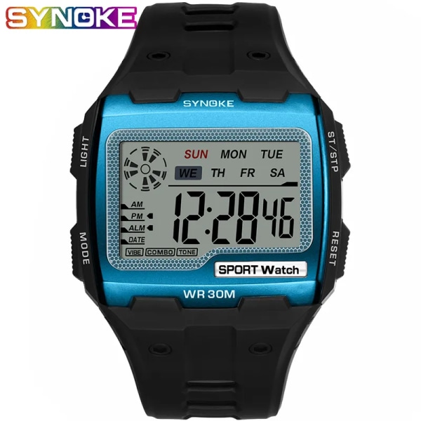 SYNOKE fyrkantig digital watch för män Lysande multifunktionell stor urtavla Sport Vattentät watch LED-skärm Digital armbandsur lake blue