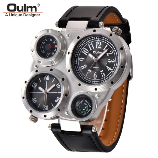 Oulm Unika Sport Herrklockor Toppmärke Lyx 2 Tidszon Watch Dekorativ Kompass Watch för män Black