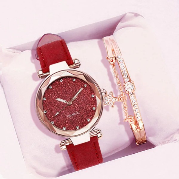 Casual Dam Romantisk Starry Sky Watch Armband Läder Strass Designer Damklocka Enkel Klänning Gfit Montre Femme Red bracelet