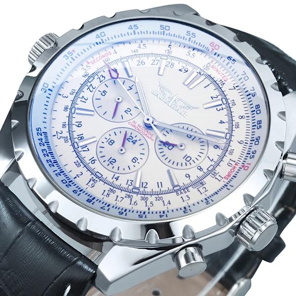 Toppmärke Lyx VINNARE Herr Mekaniska klockor 2017 Automatiska Armbandsur Herr Läderrem 3 Sub-dials 6 visare Reloj Hombre LEATHER WHITE