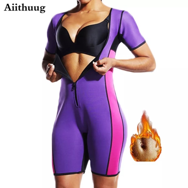 Aiithuug Bastudräkt för kvinnor Shapewear Viktminskningskorsett Svett Body Shaper Bantning Neopren Kortärmad neoprenbody purple L