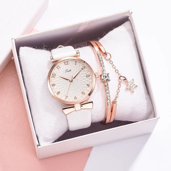 Mode Damklockor Lyxig läderblomma Watch för kvinnor Dam Quartz Watch med set Reloj Mujer Leather Red Set