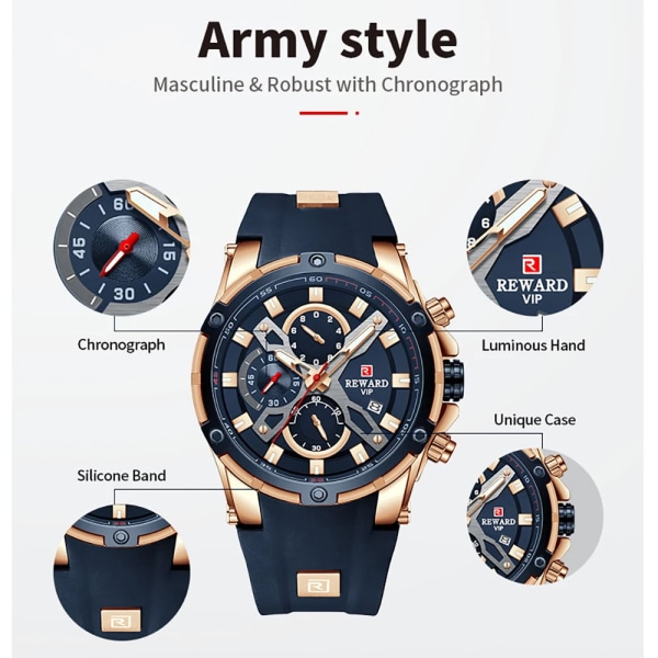 2023 Nya REWARD Herrklockor Blå Vattentät Topp Lyx Märke Kronograf Watch Quartz For Herr Armbandsur Military Mane Golden Green(.112)