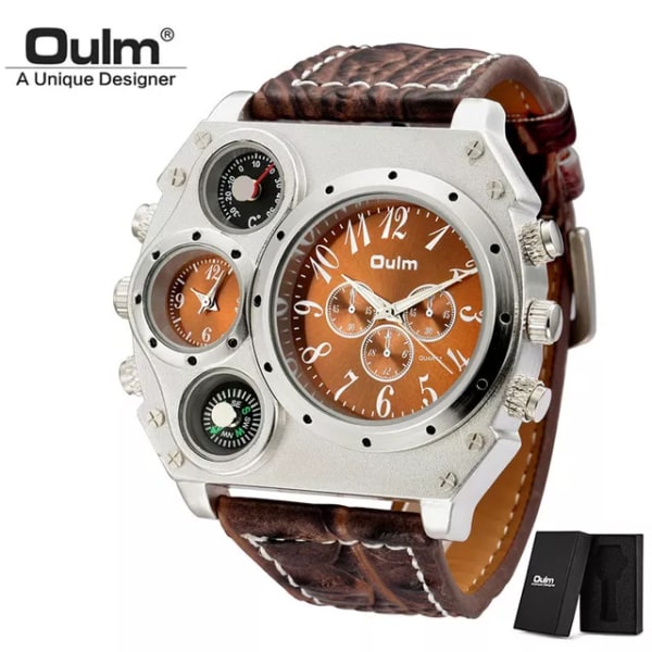 OULM Watch Herr Kvarts Sport Läderarmband Klockor Big Dial Military Armbandsur Herrklocka Kompass Dekoration reloj hombre 2022 C3(With box)