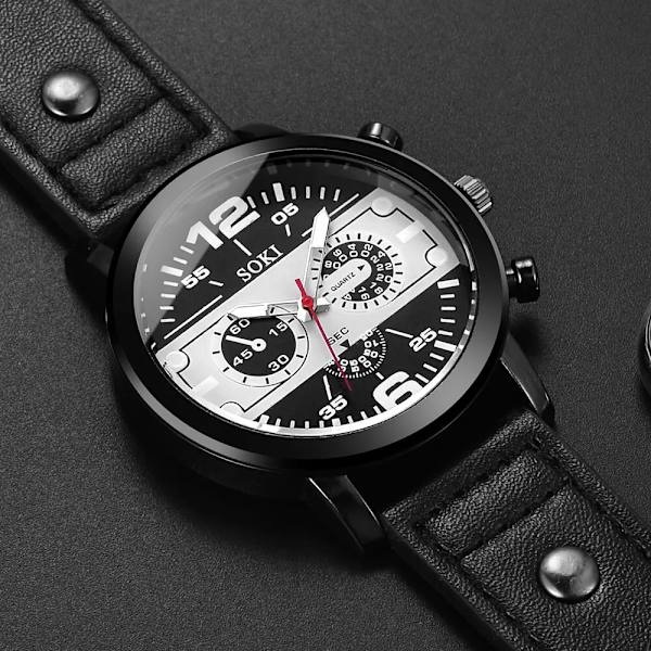 Man Fashionabla personlighet rund watch svart läder kvarts watch orange