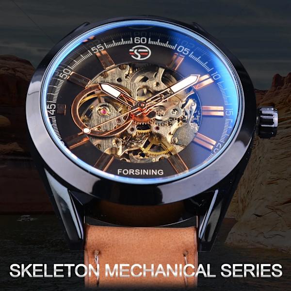 Forsining 2017 Herr Casual Watch Brunt äkta läderarmband Toppmärke Lyx Automatisk Watch Skelettklocka Silver