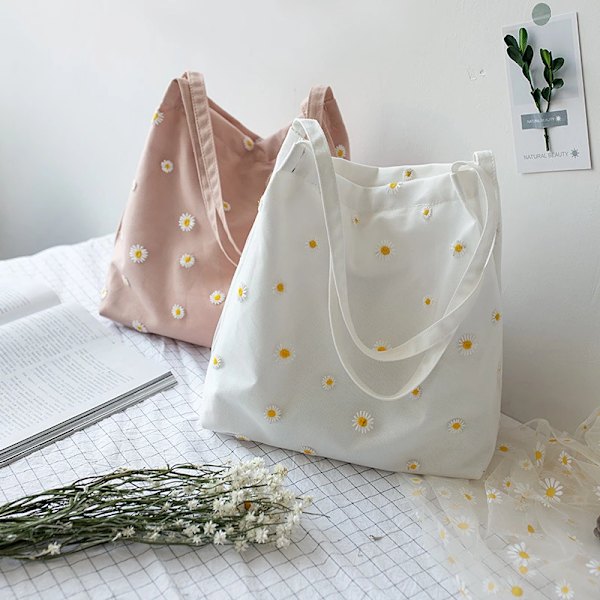 Liten tygväska i canvas för kvinnor Flickor Shopper Designer handväska Casual broderi med Daisy Virkade Söta Mesh axelväskor Beige