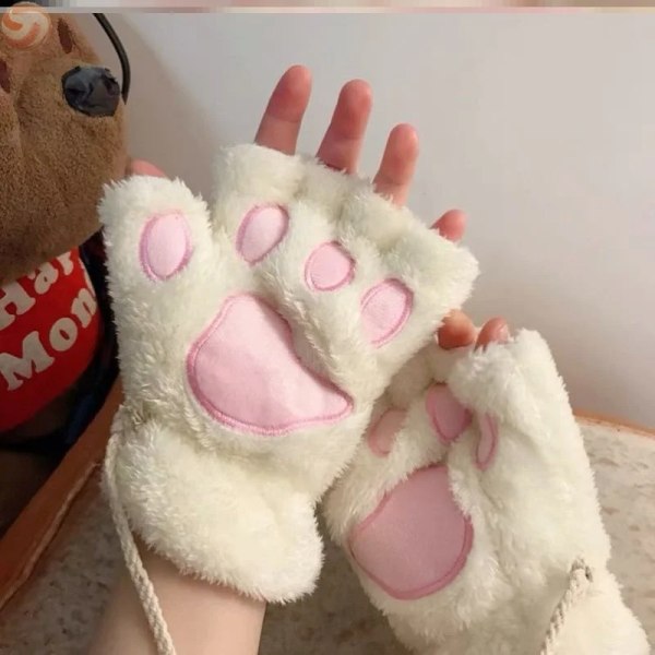 Söt Cat Paw Fluffy Claw Fingerlösa handskar Varm Mjuk Plysch Fingerlös Panda Handske Halvfinger Kvinnor Vinterkläder Julklappar Khaki-A One Size
