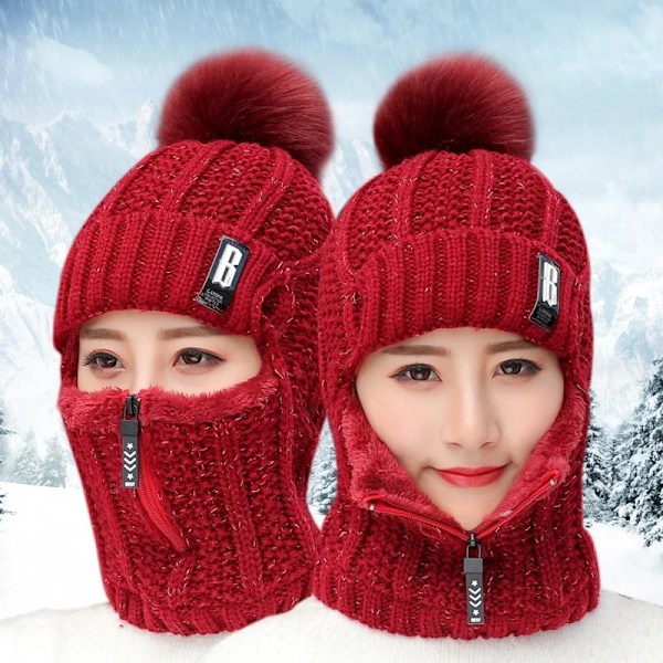 Dam Knittad Hatt Skidhatt Set Vindtät Vinter Utomhus Stickad Tjock Siamese Halsduk Krage Varm Håll Ansiktet Varmare Beanies Hatt Navy 3