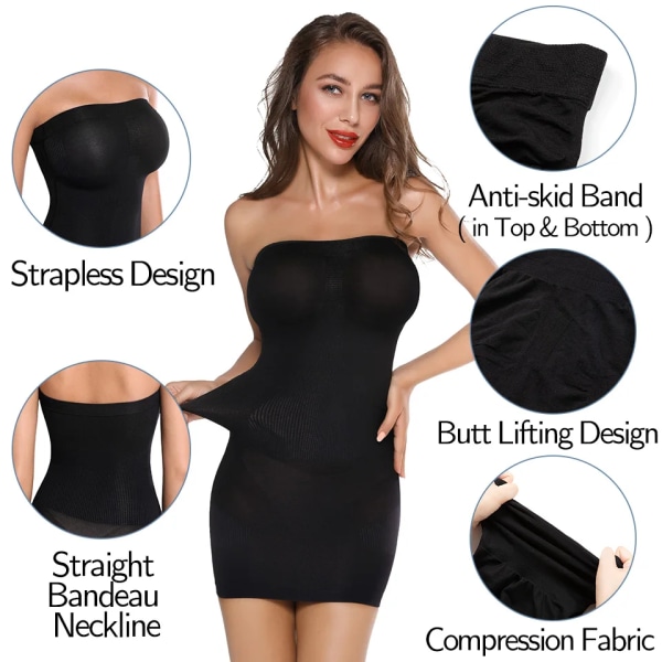 Kvinnor Body Shaper Axelbandslösa Hela Slips för Underklänningar Magkontroll Slips Slimming Kjolar Full Shapewear Sömlösa underkläder Beige M