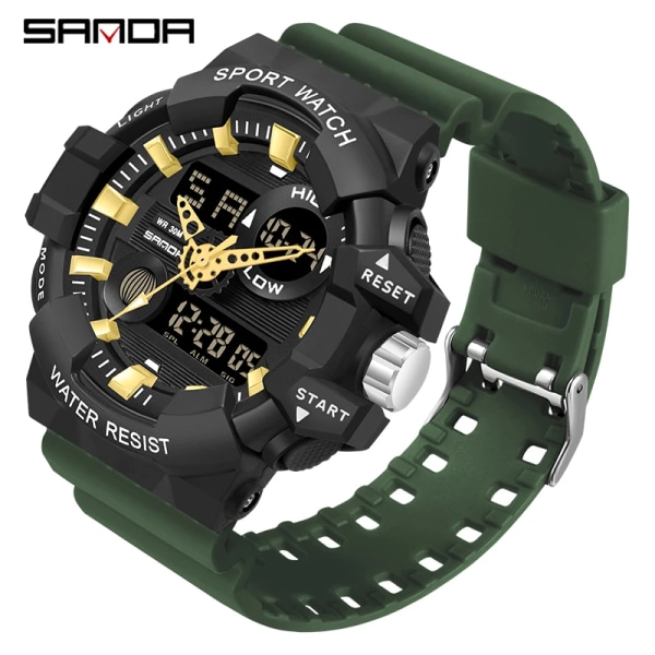 SANDA Ny Sport Digital Watch Herr Stor Urtavla Multifunktion LED-ljus 50M Vattentät Watch För Herr Relogio Masculino Army Green