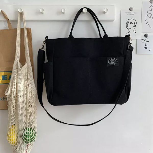 Hylhexyr Dam Retro Stora Väskor Bomulls Canvas Axelväska Mode Crossbody Handväska Dragkedja Casual Tote Multi Pocket Black
