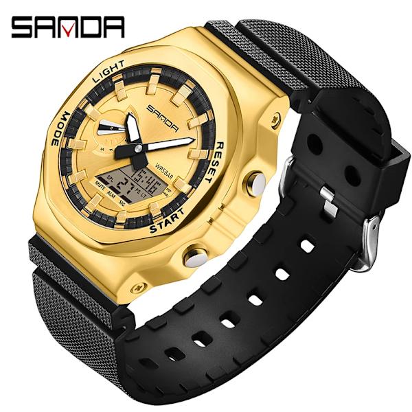 SANDA Brand 2023 Herrklockor Dual Display Digital Quartz Armbandsur 50m Vattentät Sport Watch Relogio Masculino Gold