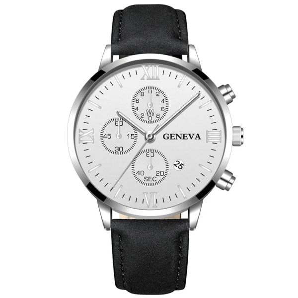 Mode Genève Män Datum Legering Case Syntetiskt Läder Analog Kvarts Watch Man Klocka Toppmärke Lyx Relogio Masculino 02 Black-Silver-Whit