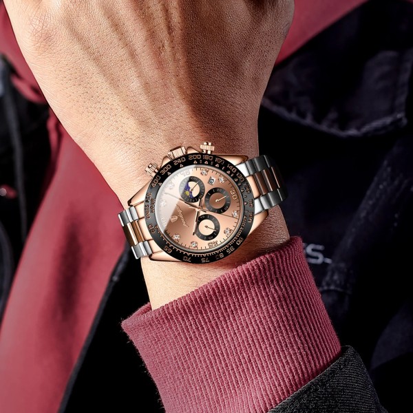 POEDAGAR Watch för män Kronograf Vattentät Lysande Date Man Armbandsur Rostfritt stål Herrklockor Quartz Clock+box Rose Gold Black S