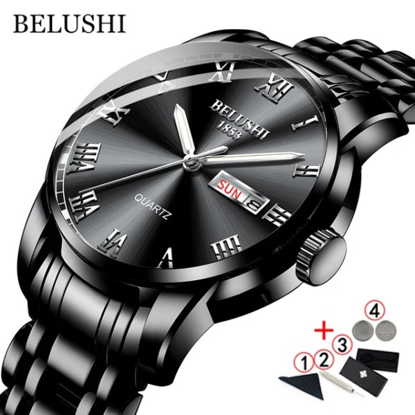 BELUSHI Business Herrklockor Kända märke Lyxig Big Dial Watch Vattentät Quartz Gold Watch Herr montre homme 2021 full black add box