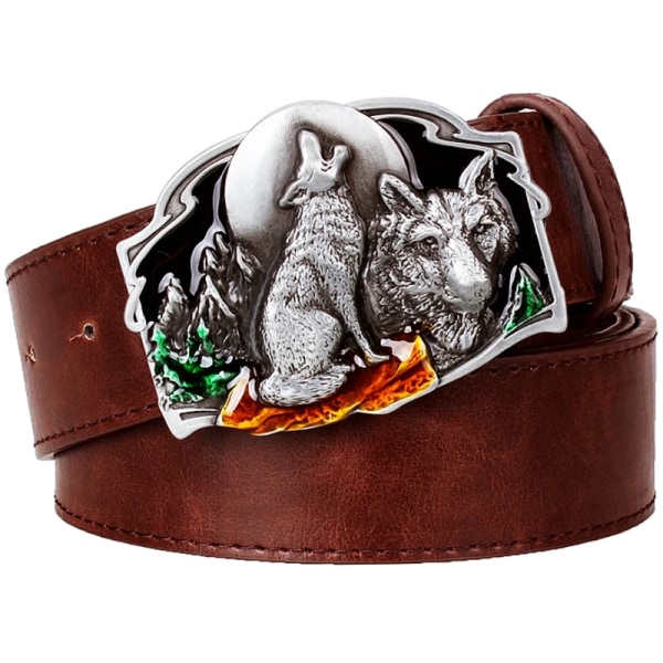 Northerner Wolf Head Metal Spänne Bälte Herr Coyote Wolf's Howl Totem Strap Hane Läder Jeans Midjeband Present till Man Type 3 115CM