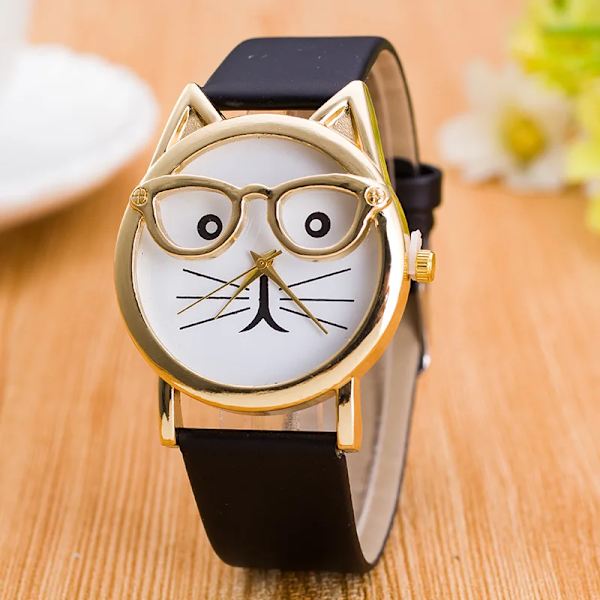 Dam Geneva Watch Läderarmband Analog Quartz Armbandsur Leopard Cat Face Glasögon Barnklocka Damklocka Watch Feminino Leopard
