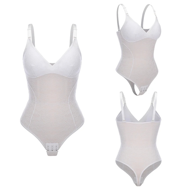 Bodysuit med spets för kvinnor Magkontroll Camisole Shapewear Ärmlös topp Fajas Colombianas V-ringad Backless Jumpsuit Full Body Shaper White M