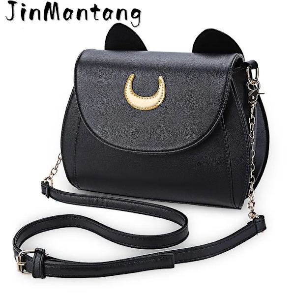 Ny Sailor Moon Damhandväska Svart Luna Cat Shape Kedja Axelväska PU Läder Dam Messenger Crossbody Small Bag White